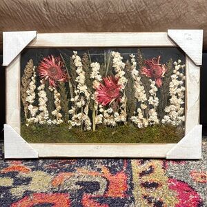 Wood Framed Pressed Flower Art with Pink and White Flowers